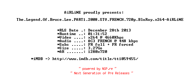 NFO for the release The.Legend.Of.Bruce.Lee.PART1.2008.STV.FRENCH.720p.BluRay.x264-AiRLiNE by AiRLiNE