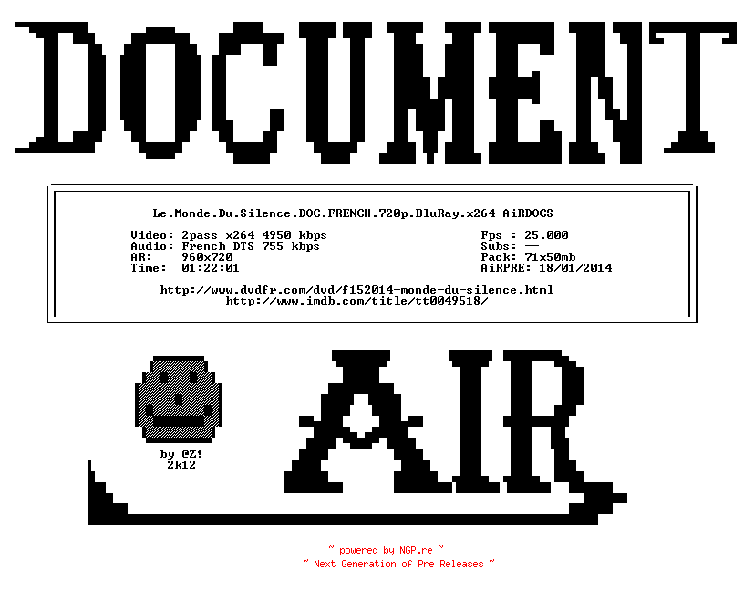 NFO for the release Le.Monde.Du.Silence.DOC.FRENCH.720p.BluRay.x264-AiRDOCS by AiRDOCS