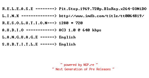 NFO for the release Pit.Stop.1969.720p.BluRay.x264-SONiDO by SONiDO
