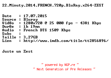 NFO for the release 22.Minuty.2014.FRENCH.720p.BluRay.x264-ZEST by ZEST