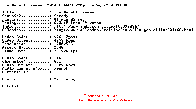 NFO for the release Bon.Retablissement.2014.FRENCH.720p.BluRay.x264-ROUGH by ROUGH