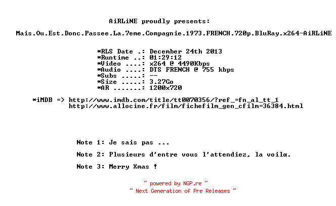 NFO for the release Mais.Ou.Est.Donc.Passee.La.7eme.Compagnie.1973.FRENCH.720p.BluRay.x264-AiRLiNE by AiRLiNE