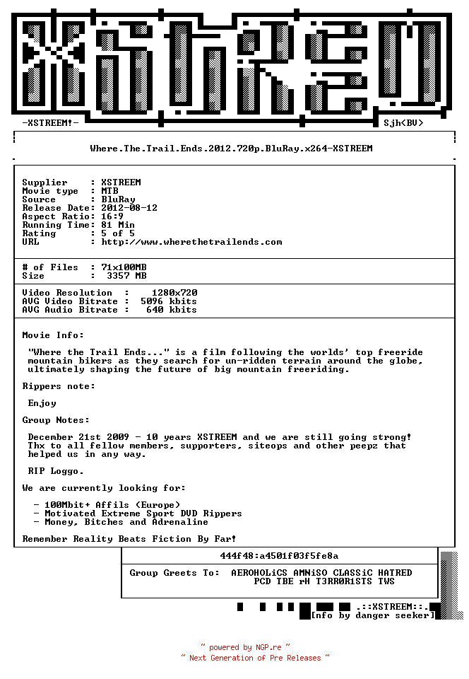 NFO for the release Where.The.Trail.Ends.2012.720p.BluRay.x264-XSTREEM by XSTREEM