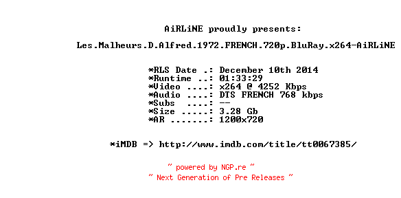 NFO for the release Les.Malheurs.D.Alfred.1972.FRENCH.720p.BluRay.x264-AiRLiNE by AiRLiNE