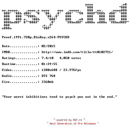 NFO for the release Proof.1991.720p.BluRay.x264-PSYCHD by PSYCHD
