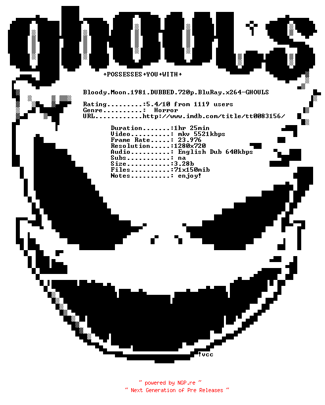 NFO for the release Bloody.Moon.1981.DUBBED.720p.BluRay.x264-GHOULS by GHOULS