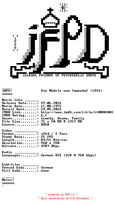 NFO for the release Die.Maedels.vom.Immenhof.1955.German.720p.BluRay.x264-iFPD by iFPD