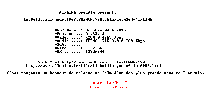 NFO for the release Le.Petit.Baigneur.1968.FRENCH.720p.BluRay.x264-AiRLiNE by AiRLiNE