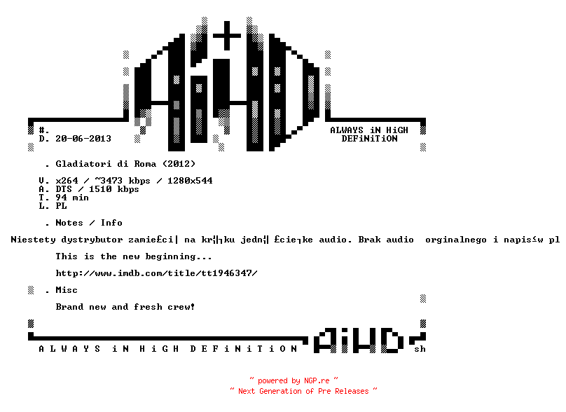 NFO for the release Gladiatori.di.Roma.2012.READ.NFO.PLDUB.720p.BluRay.x264-AiHD by AiHD
