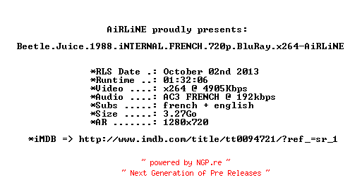 NFO for the release Beetle.Juice.1988.iNTERNAL.FRENCH.720p.BluRay.x264-AiRLiNE by AiRLiNE