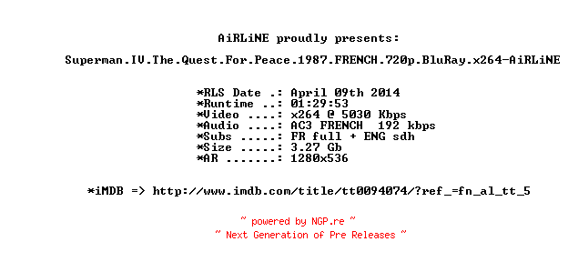 NFO for the release Superman.IV.The.Quest.For.Peace.1987.FRENCH.720p.BluRay.x264-AiRLiNE by AiRLiNE