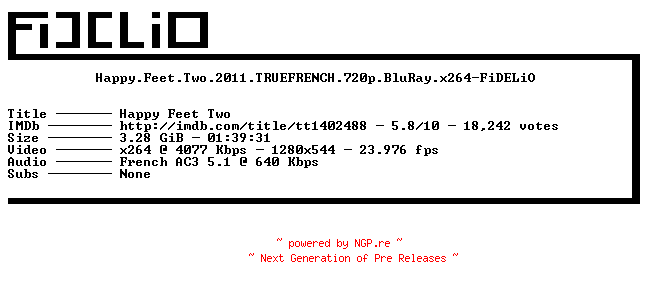 NFO for the release Happy.Feet.Two.2011.TRUEFRENCH.720p.BluRay.x264-FiDELiO by FiDELiO