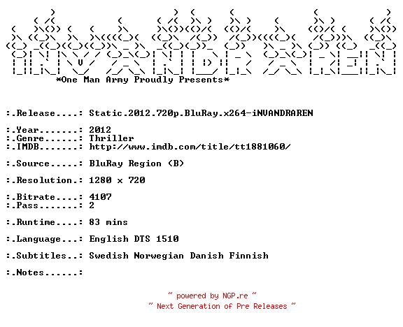 NFO for the release Static.2012.720p.BluRay.x264-iNVANDRAREN by iNVANDRAREN