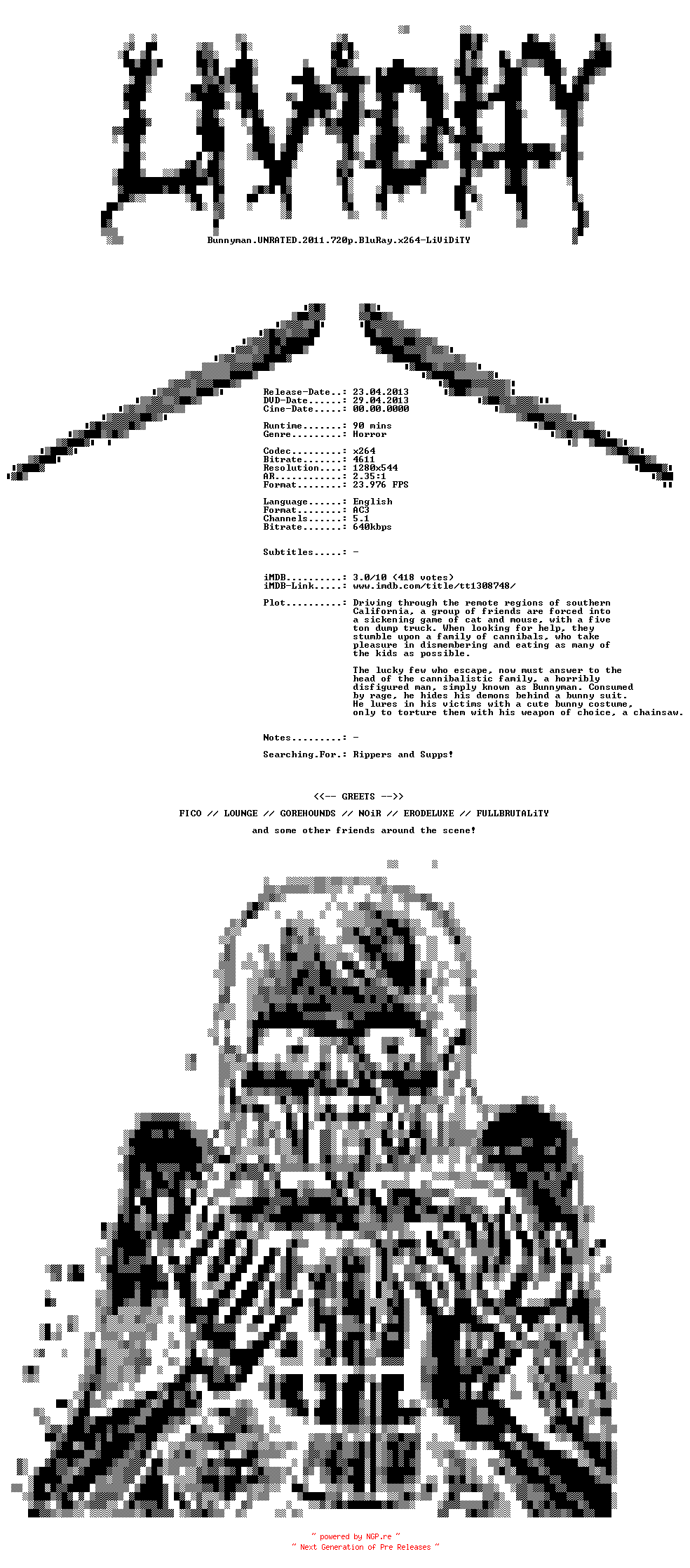NFO for the release Bunnyman.UNRATED.2011.720p.BluRay.x264-LiViDiTY by LiViDiTY