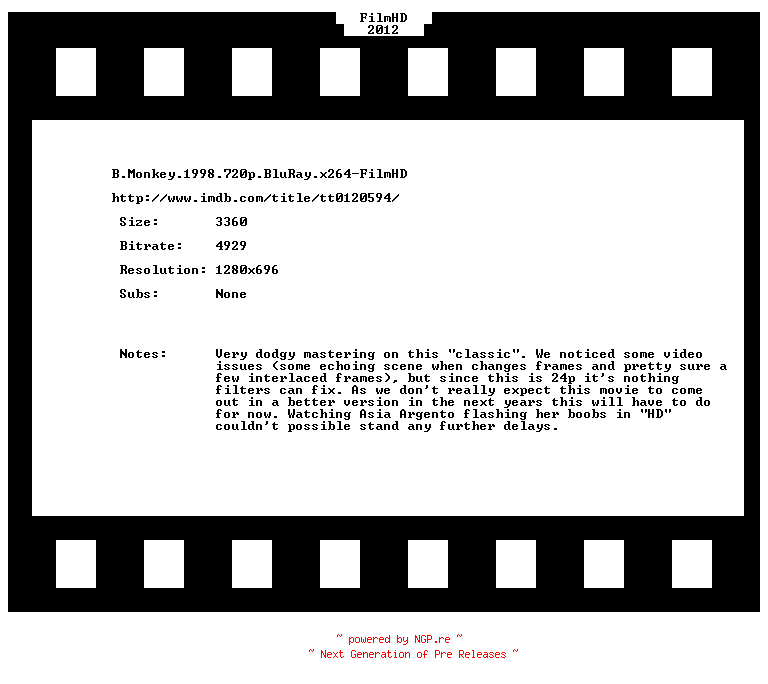NFO for the release B.Monkey.1998.720p.READ.NFO.BluRay.x264-FilmHD by FilmHD