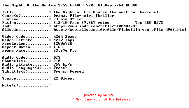 NFO for the release The.Night.Of.The.Hunter.1955.FRENCH.720p.BluRay.x264-ROUGH by ROUGH