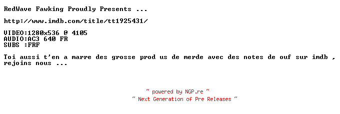 NFO for the release Fire.With.Fire.2012.STV.FRENCH.720p.BluRay.x264-Redwave by Redwave
