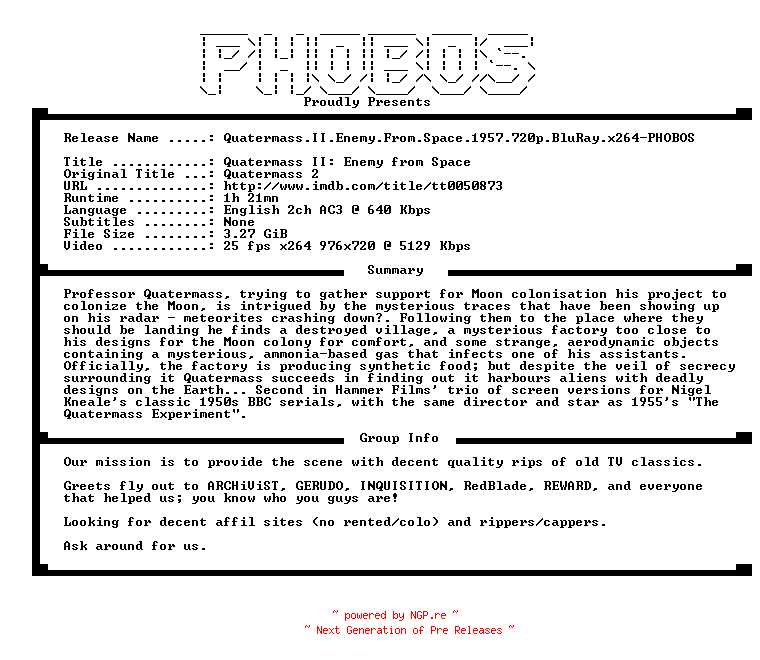 NFO for the release Quatermass.II.Enemy.From.Space.1957.720p.BluRay.x264-PHOBOS by PHOBOS