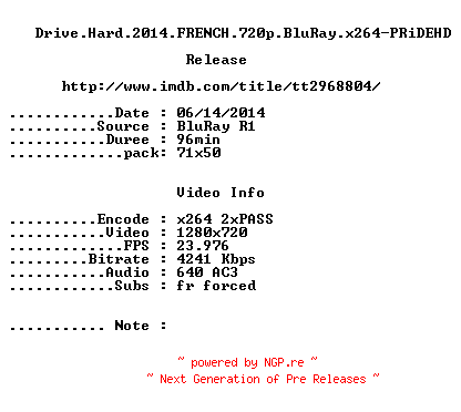 NFO for the release Drive.Hard.2014.FRENCH.720p.BluRay.x264-PRiDEHD by PRiDEHD
