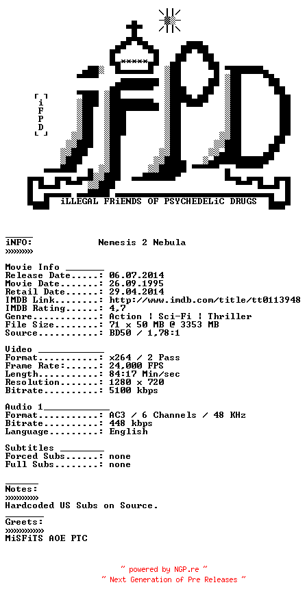 NFO for the release Nemesis.2.Nebula.1995.720p.BluRay.x264-iFPD by iFPD