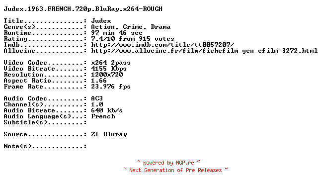 NFO for the release Judex.1963.FRENCH.720p.BluRay.x264-ROUGH by ROUGH