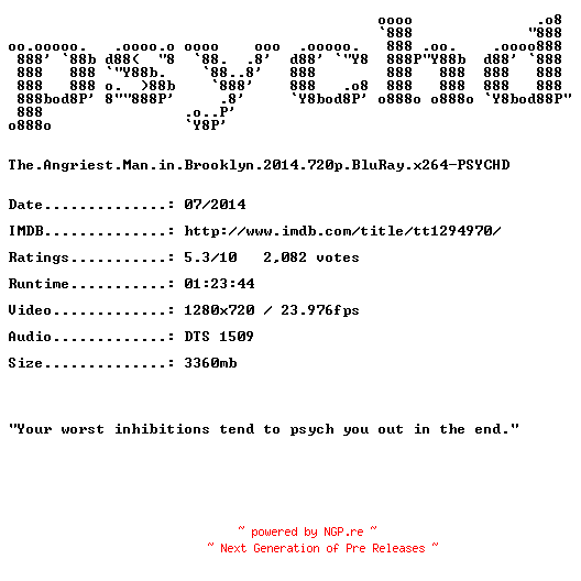 NFO for the release The.Angriest.Man.in.Brooklyn.2014.720p.BluRay.x264-PSYCHD by PSYCHD