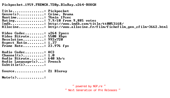 NFO for the release Pickpocket.1959.FRENCH.720p.BluRay.x264-ROUGH by ROUGH