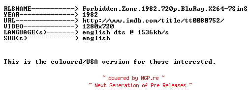 NFO for the release Forbidden.Zone.1982.720p.BluRay.X264-7SinS by 7SinS
