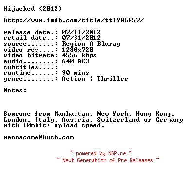 NFO for the release Hijacked.2012.720p.BluRay.x264-DiSPOSABLE by DiSPOSABLE