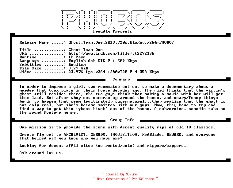 NFO for the release Ghost.Team.One.2013.720p.BluRay.x264-PHOBOS by PHOBOS