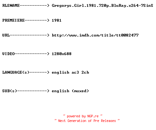 NFO for the release Gregorys.Girl.1981.720p.BluRay.x264-7SinS by 7SinS