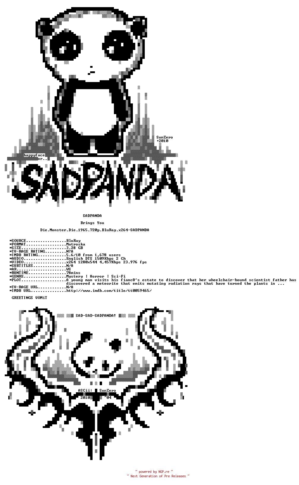 NFO for the release Die.Monster.Die.1965.720p.BluRay.x264-SADPANDA by SADPANDA