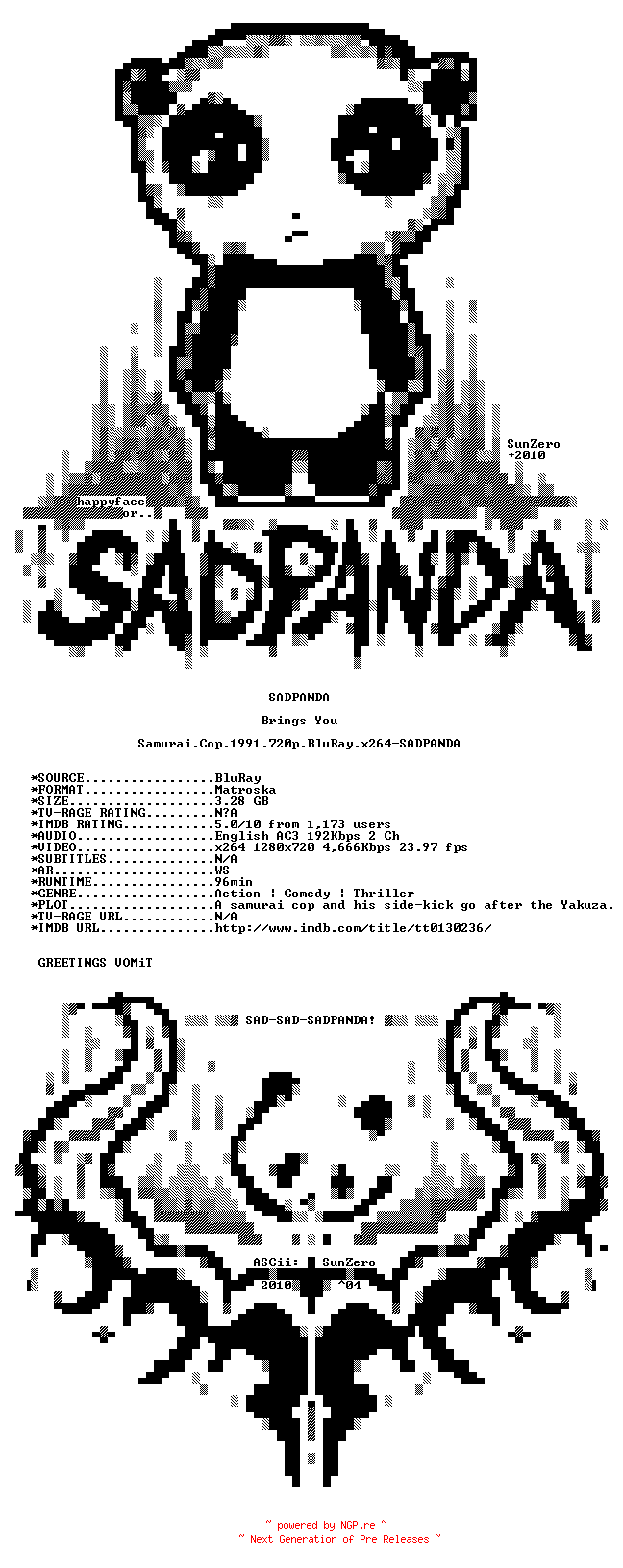 NFO for the release Samurai.Cop.1991.720p.BluRay.x264-SADPANDA by SADPANDA