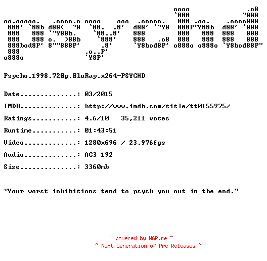 NFO for the release Psycho.1998.720p.BluRay.x264-PSYCHD by PSYCHD