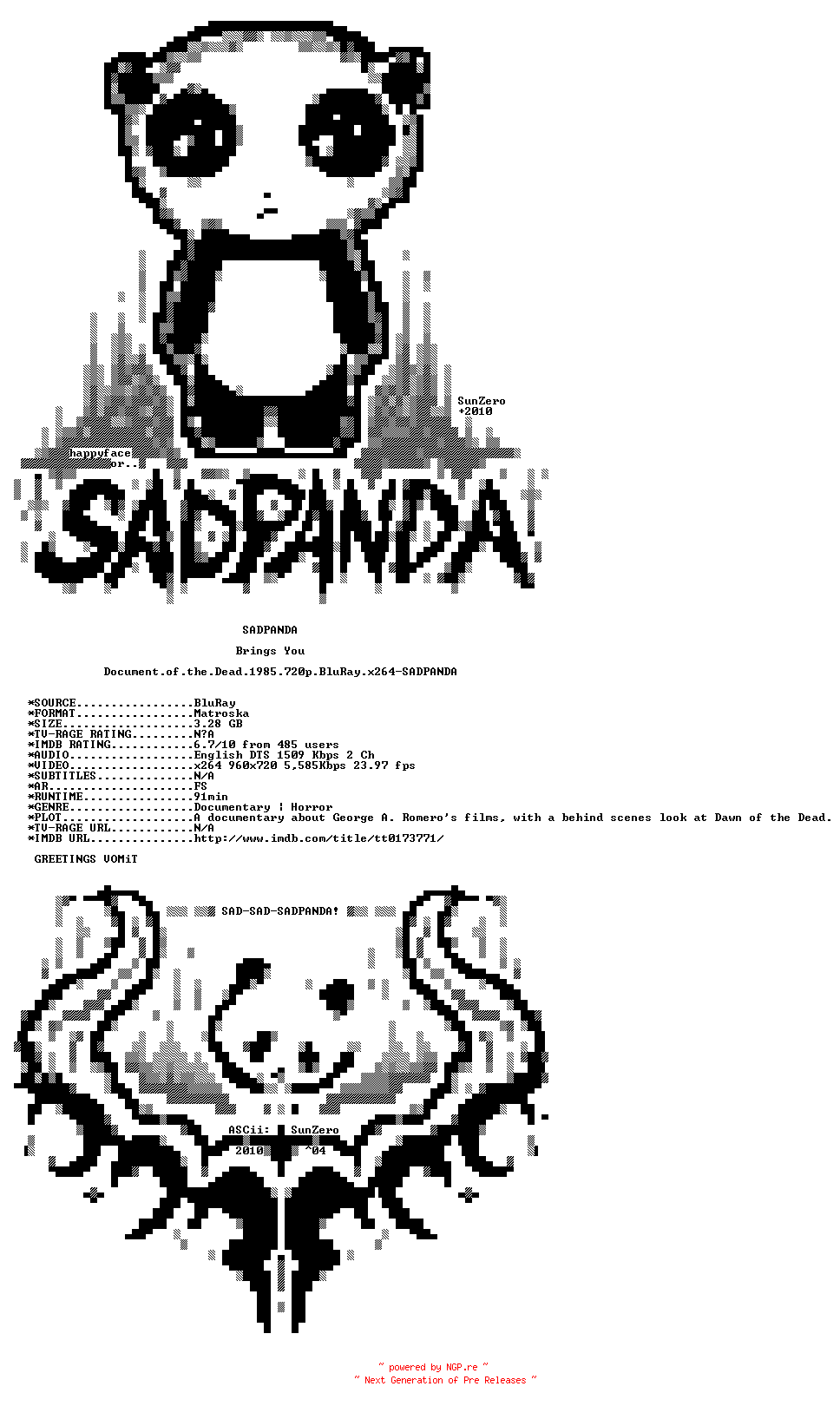 NFO for the release Document.of.the.Dead.1985.720p.BluRay.x264-SADPANDA by SADPANDA