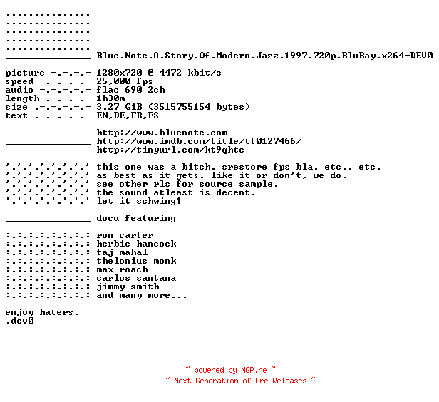NFO for the release Blue.Note.A.Story.Of.Modern.Jazz.1997.720p.BluRay.x264-DEV0 by DEV0