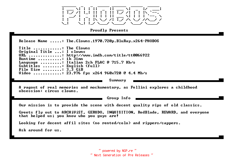 NFO for the release The.Clowns.1970.720p.BluRay.x264-PHOBOS by PHOBOS
