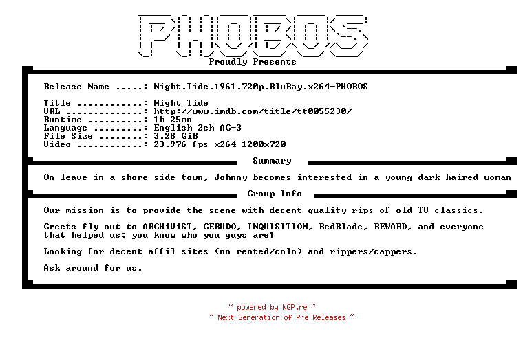 NFO for the release Night.Tide.1961.720p.BluRay.x264-PHOBOS by PHOBOS