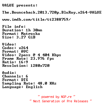 NFO for the release The.Bounceback.2013.720p.BluRay.x264-VALUE by VALUE