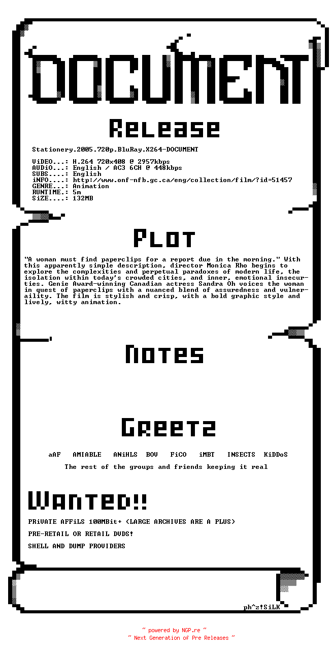 NFO for the release Stationery.2005.720p.BluRay.X264-DOCUMENT by DOCUMENT