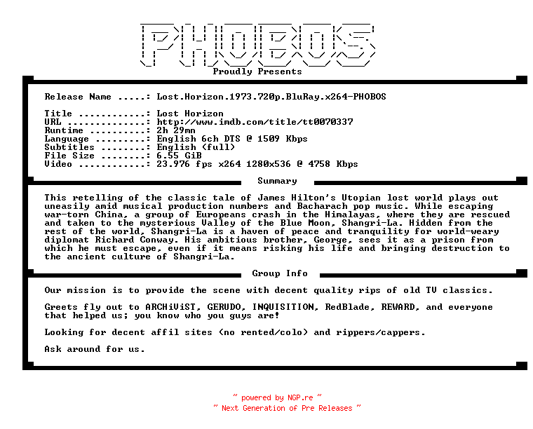 NFO for the release Lost.Horizon.1973.720p.BluRay.x264-PHOBOS by PHOBOS