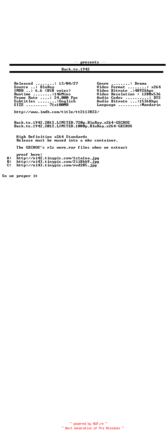 NFO for the release Back.to.1942.2012.PROPER.720p.BluRay.X264-aBD by aBD