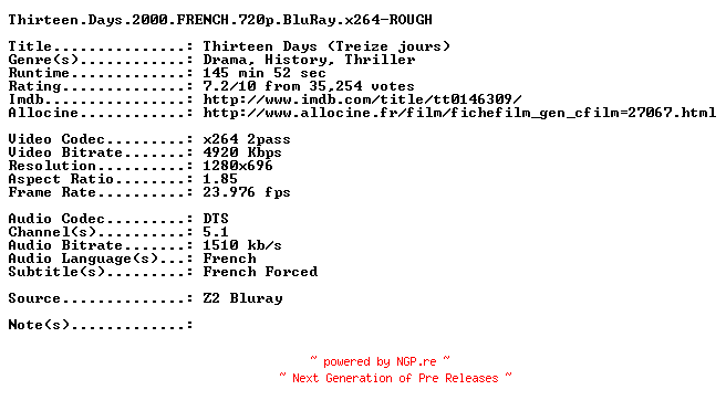 NFO for the release Thirteen.Days.2000.FRENCH.720p.BluRay.x264-ROUGH by ROUGH