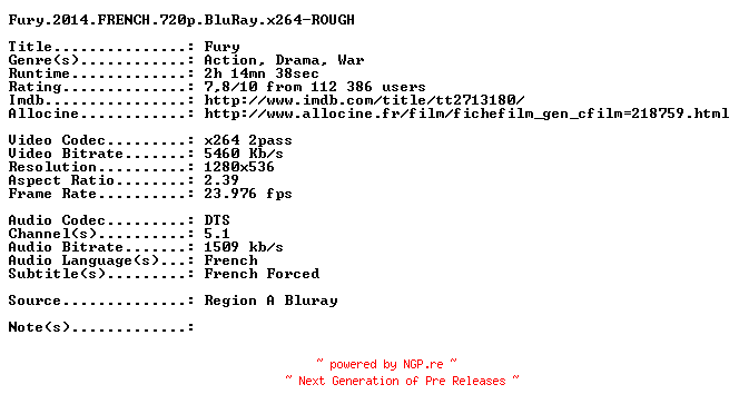 NFO for the release Fury.2014.FRENCH.720p.BluRay.x264-ROUGH by ROUGH