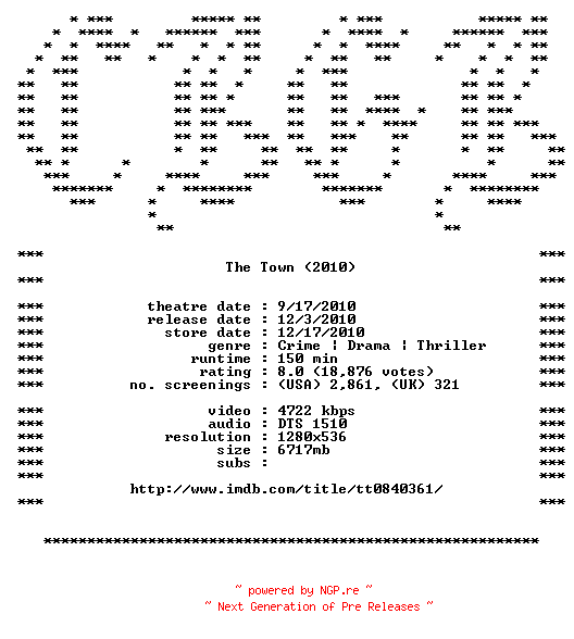 NFO for the release The.Town.EXTENDED.720p.Bluray.x264-CBGB by CBGB