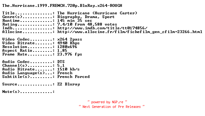NFO for the release The.Hurricane.1999.FRENCH.720p.BluRay.x264-ROUGH by ROUGH