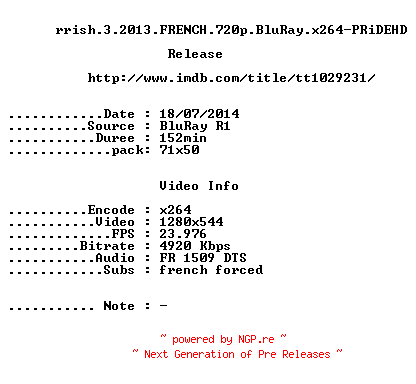 NFO for the release Krrish.3.2013.FRENCH.720p.BluRay.x264-PRiDEHD by PRiDEHD