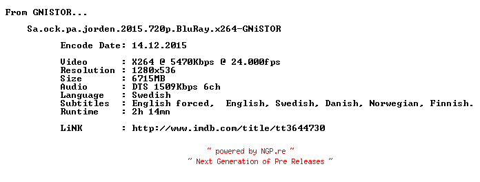 NFO for the release Sa.ock.pa.jorden.2015.720p.BluRay.x264-GNiSTOR by GNiSTOR