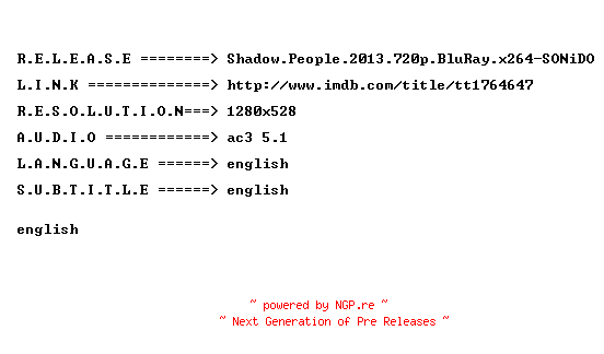 NFO for the release Shadow.People.2013.720p.BluRay.x264-SONiDO by SONiDO