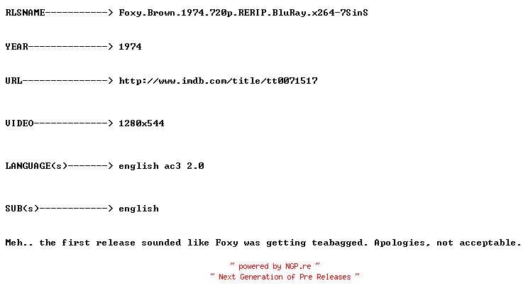 NFO for the release Foxy.Brown.1974.720p.RERIP.BluRay.X264-7SinS by 7SinS
